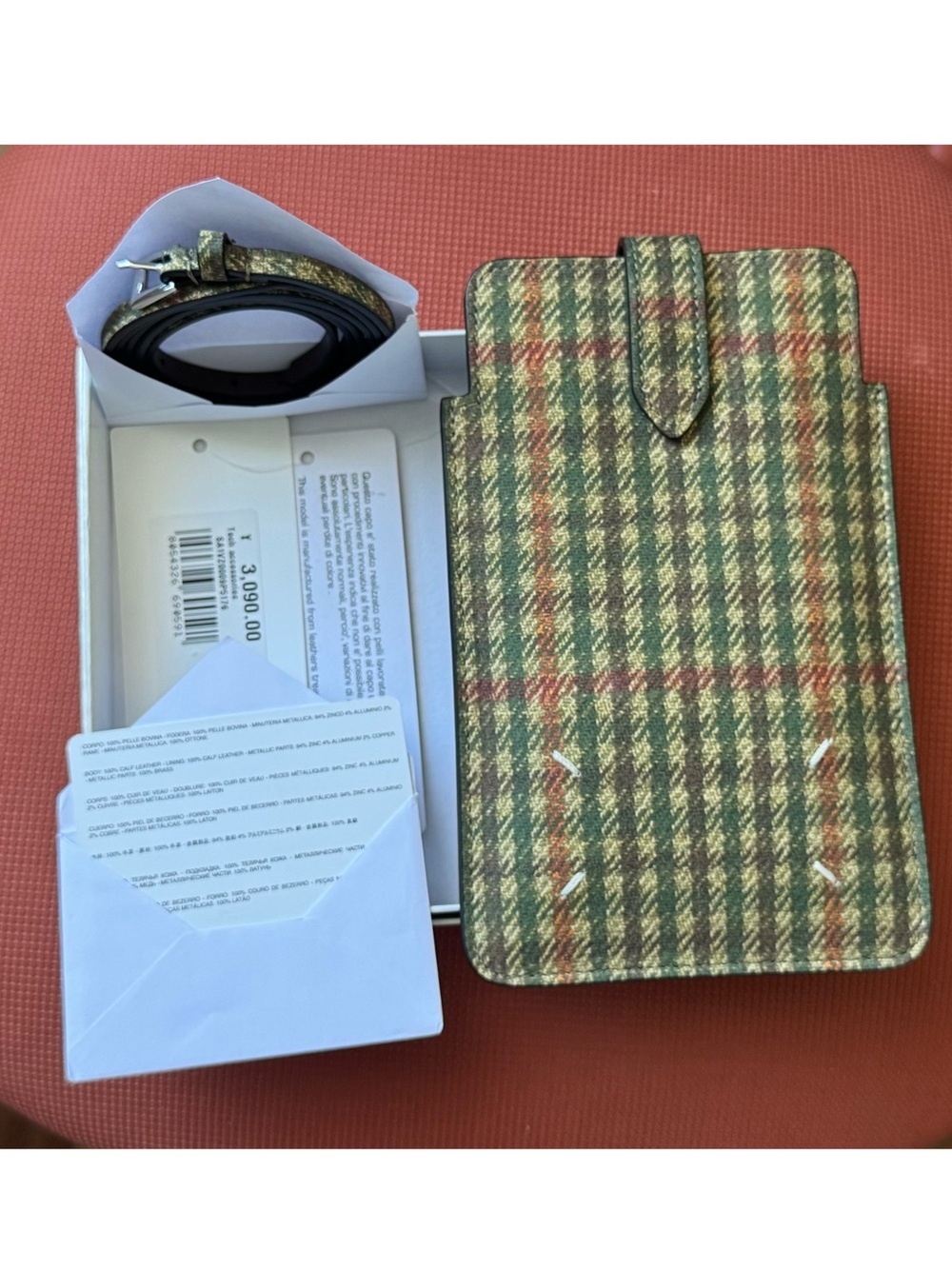 Maison Martin Margiela Green Plaid Leather-Trim Wallet/Phone Case